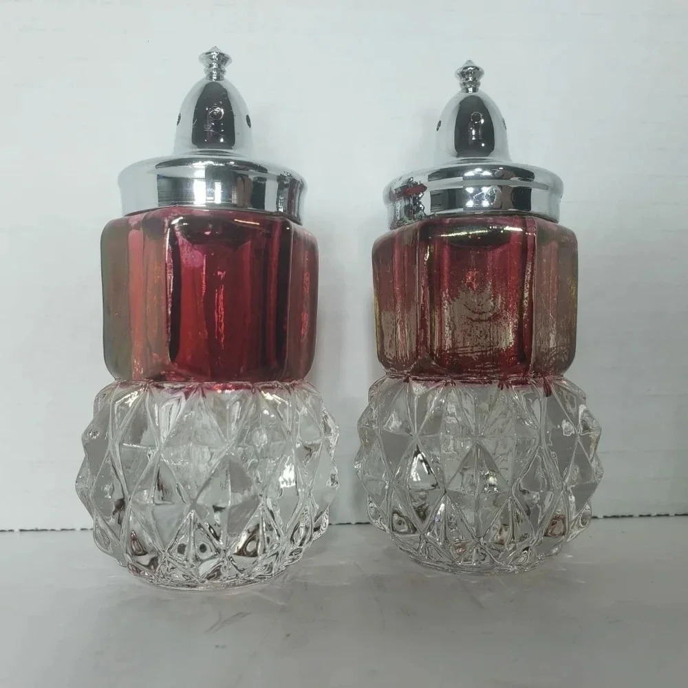 Vintage Indiana Glass Ruby Red Diamond Point Salt/Pepper Shakers.